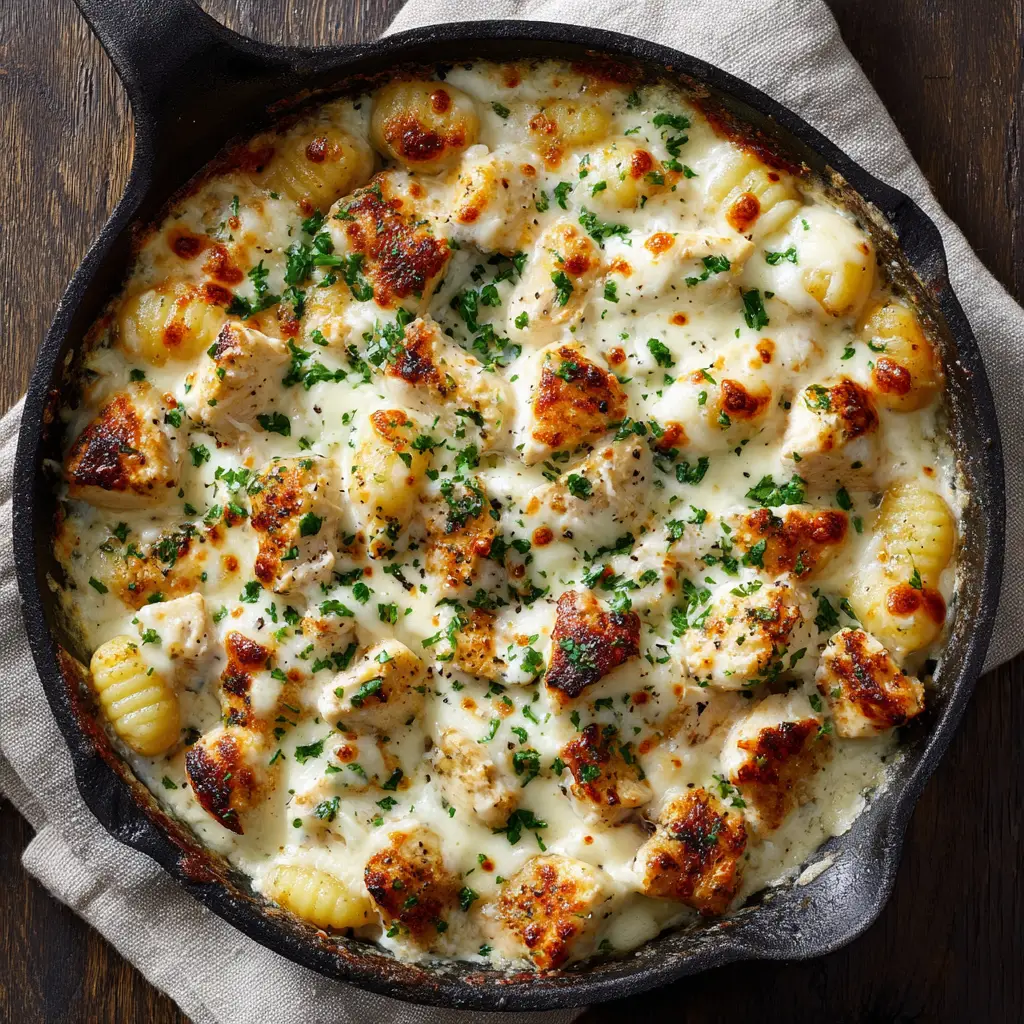 A spoonful of the chicken alfredo gnocchi bake being lifted from the skillet, highlighting the cheesy pull.