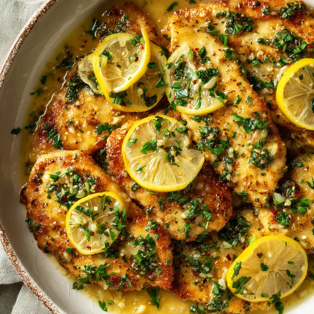 Another overhead perspective of the finished Chicken Francese, garnished with lemon slices and parsley, ready to be served.