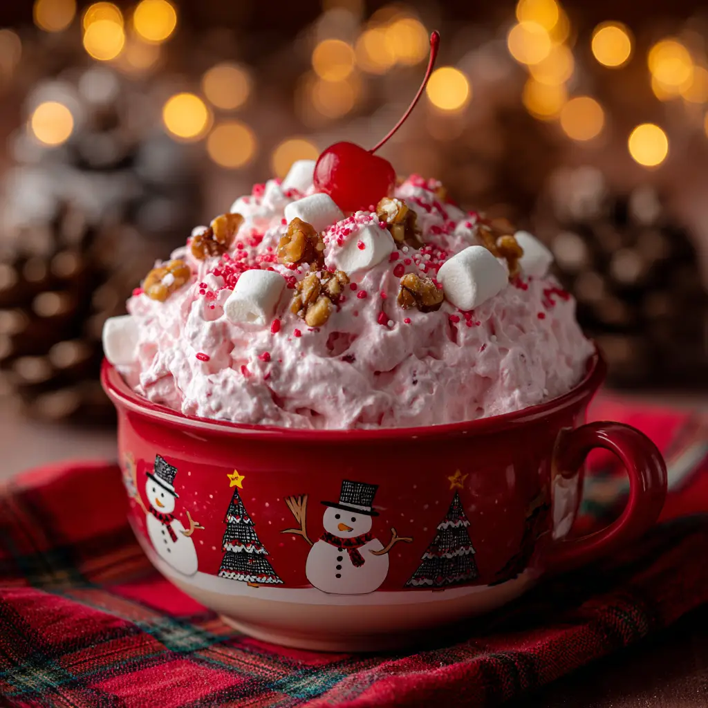 A scoop of cherry fluff being served from a large bowl, illustrating the light and airy consistency of this no-bake holiday dessert.