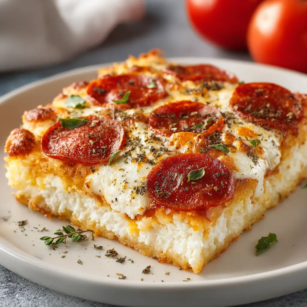 A square slice of the low-carb pizza casserole being lifted from a baking dish, with a visible cheese pull. This healthy pizza alternative is a family favorite.