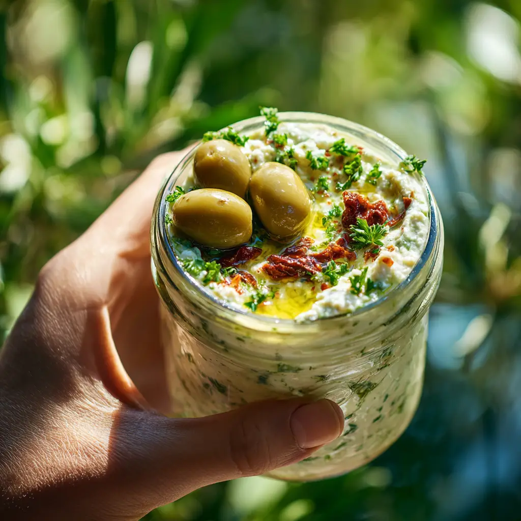 A beautiful serving bowl filled with the finished chunky green olive and feta dip, ready to be served at a party.