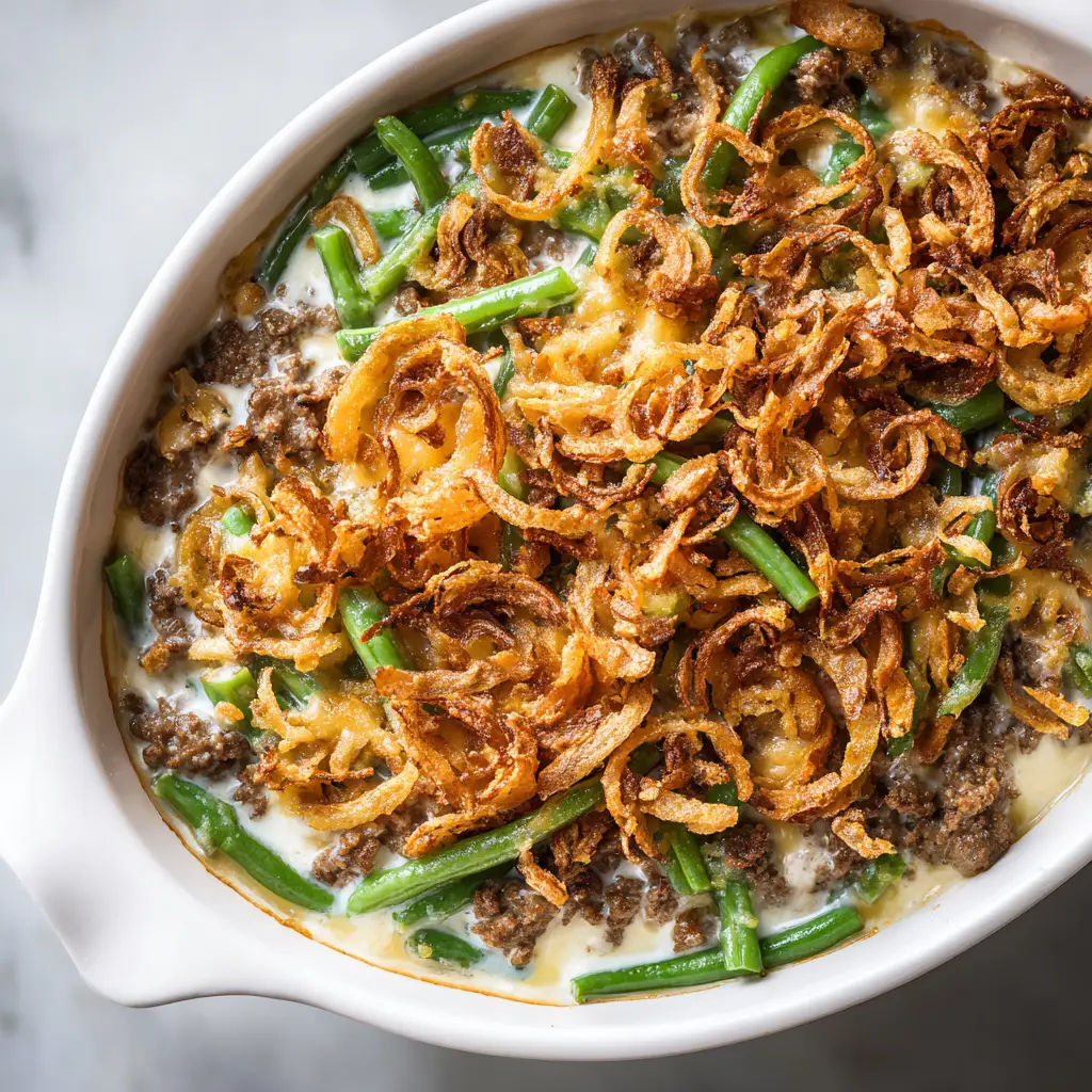 A scoop of the finished ground beef green bean casserole on a white plate, ready to be served.