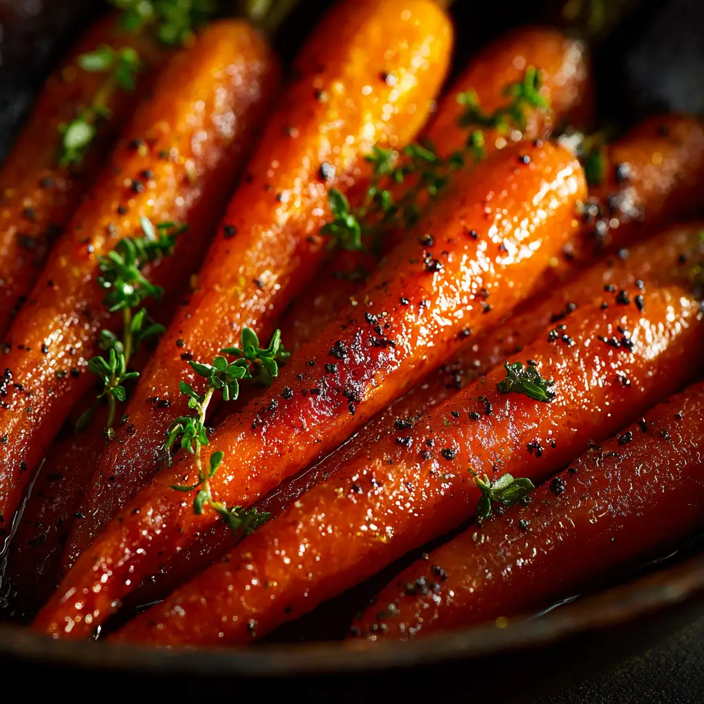 A serving fork lifting a few pieces of sweet glazed carrots from a bowl, showcasing their tender texture and shiny coating.