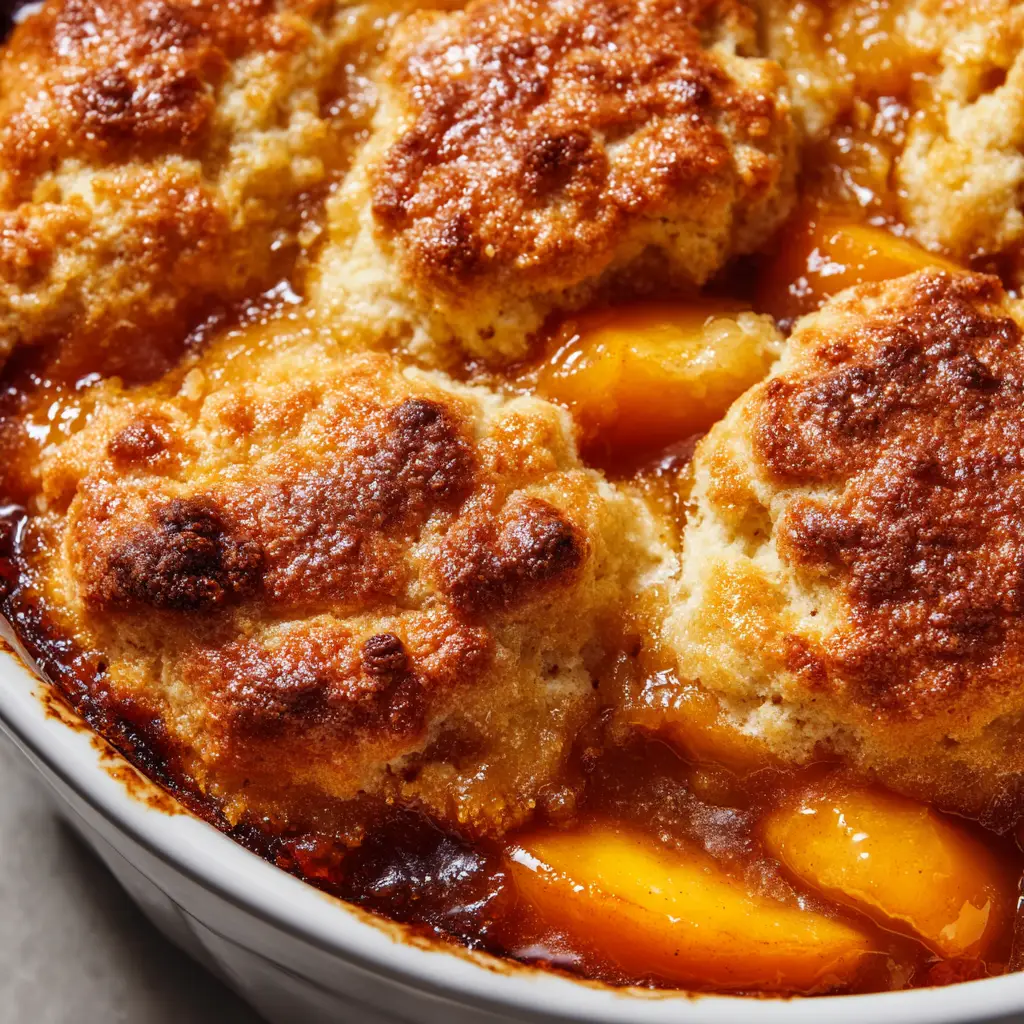 A spoonful of warm peach cobbler being lifted from a baking dish, with a scoop of vanilla ice cream melting on top.