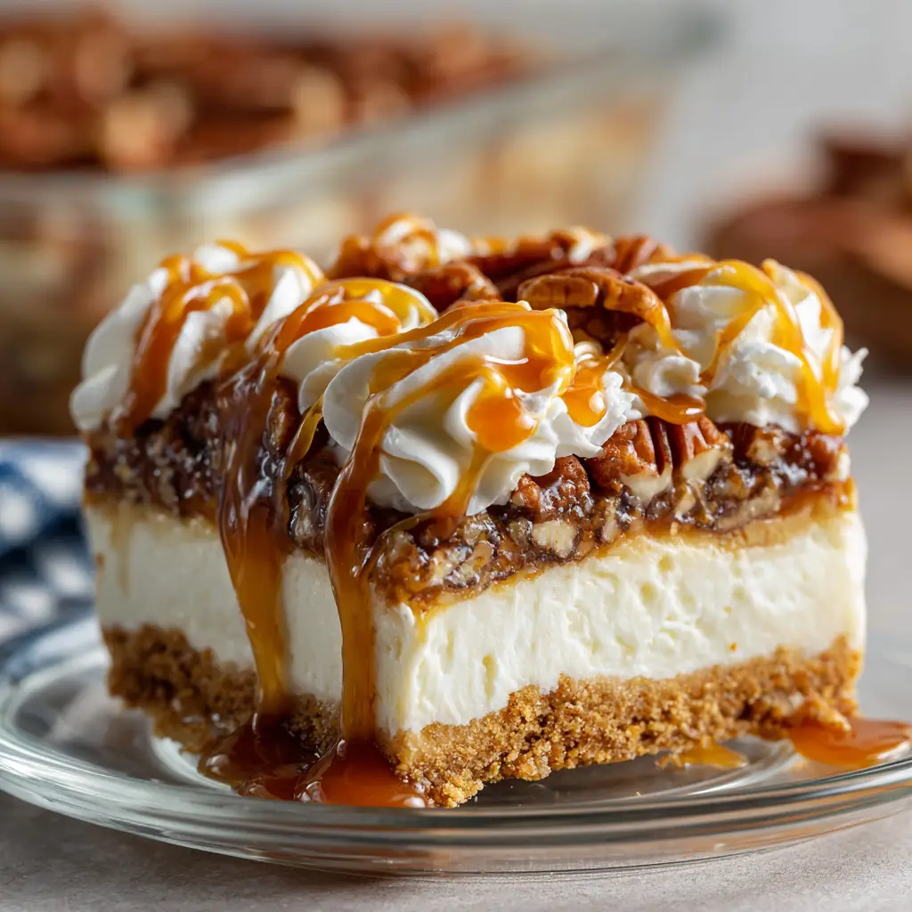 A fork cutting into a slice of Pecan Pie Lasagna, with caramel sauce drizzling down the side.