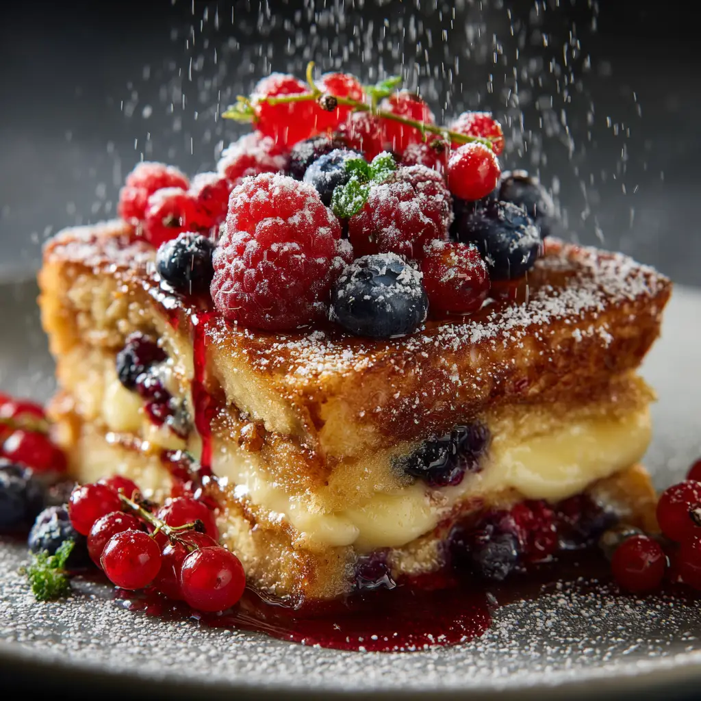 A corner slice of baked sourdough breakfast casserole being lifted from the dish, showing the gooey and delicious interior.