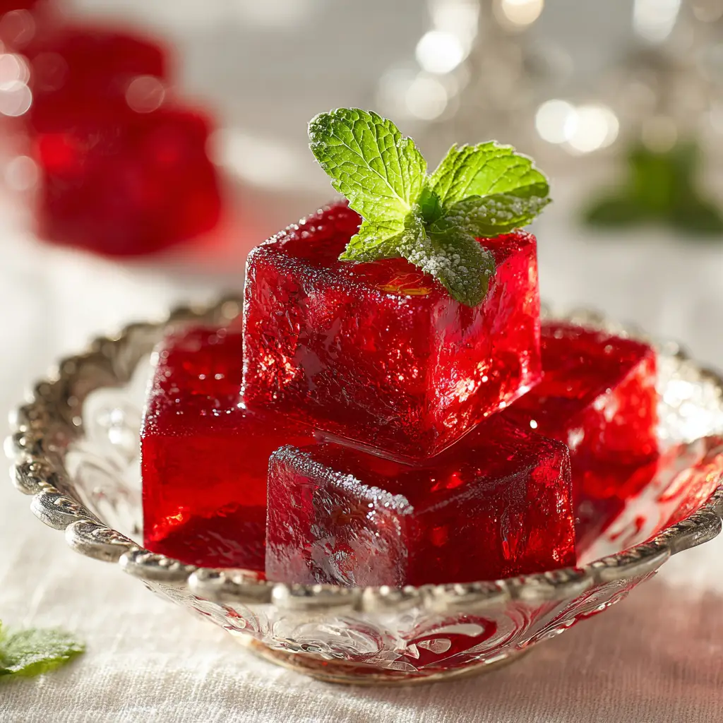A close-up of vibrant red gelatin cubes served in a clear glass bowl, illustrating a successful gelatin dessert.