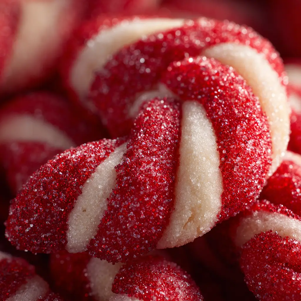A twisted rope of red and white cookie dough being shaped into a candy cane before baking, highlighting the shaping process.