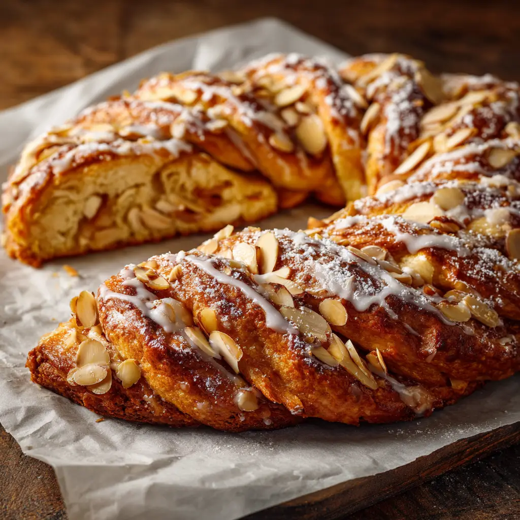 A slice of freshly baked Danish Kringle on a plate, highlighting the flaky layers of the pastry and the generous almond filling.