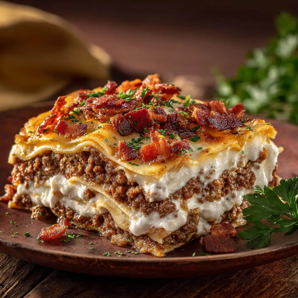 A close-up shot of a thick slice of bacon cheeseburger casserole on a rustic plate, highlighting the cheesy ground beef filling.