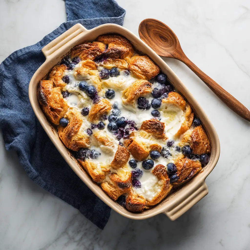 A slice of the Blueberry Cream Cheese Croissant Casserole on a plate, revealing the creamy layers of cream cheese, custard-soaked croissants, and blueberries.
