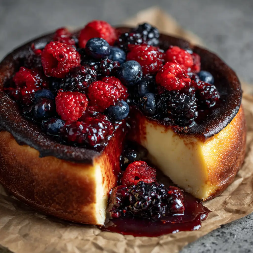A close-up slice of Citrus Berry Burnt Cheesecake on a plate, revealing the incredibly creamy texture and specks of berries.