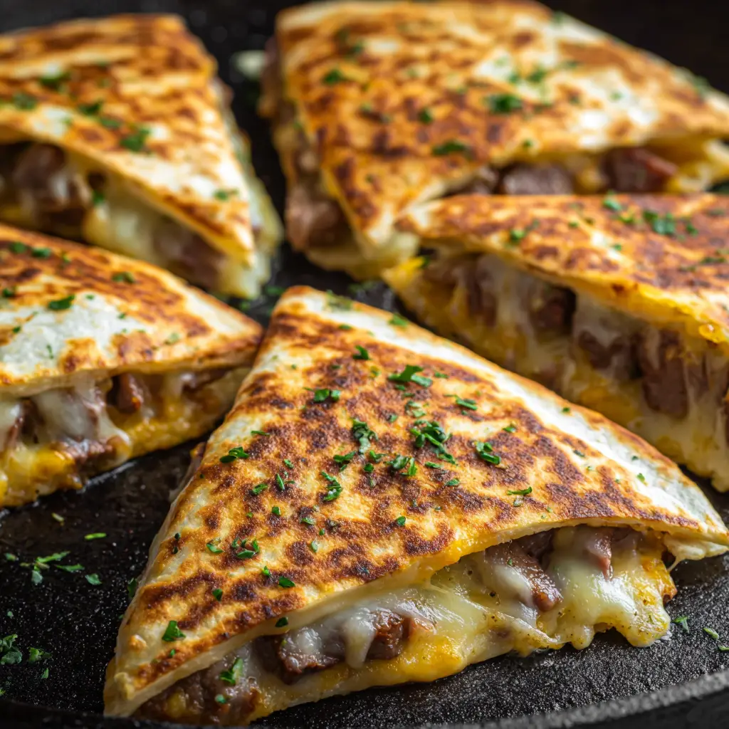A cooked and sliced Blackstone Steak Quesadilla showing the melted cheese pull and the perfectly cooked steak and vegetable filling inside.