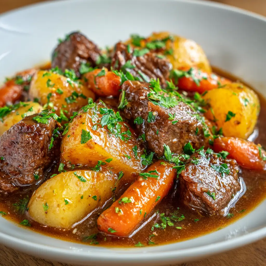 An extreme close-up of hearty beef stew, highlighting the tender beef and vibrant vegetables in a thick, savory sauce.
