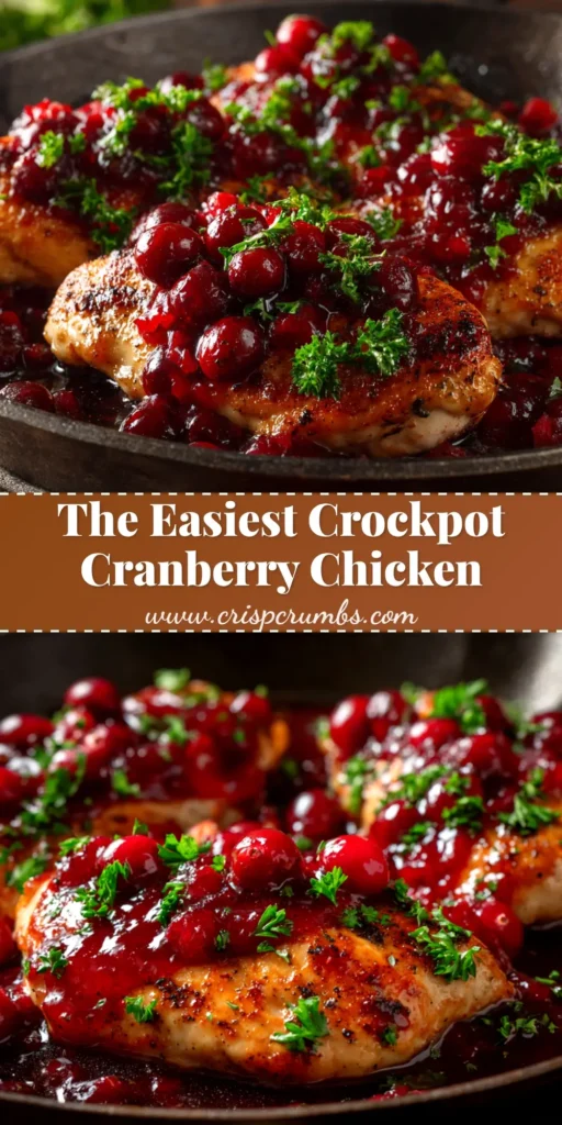 An overhead shot of a white plate with Slow Cooker Cranberry Chicken, showing the vibrant red glaze and tender chicken breast, garnished with fresh parsley.