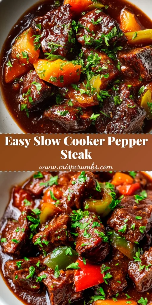 A delicious bowl of slow cooker pepper steak served over fluffy white rice, garnished with sesame seeds. The steak is tender and the peppers are vibrant.