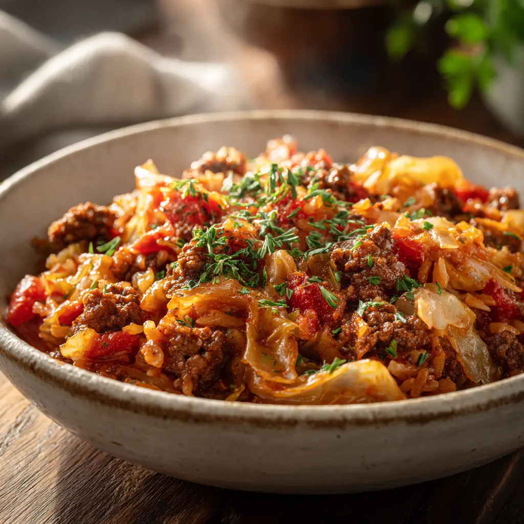 A close-up view of the layers in the slow cooker cabbage roll casserole, highlighting the texture of the cooked ground beef and rice.