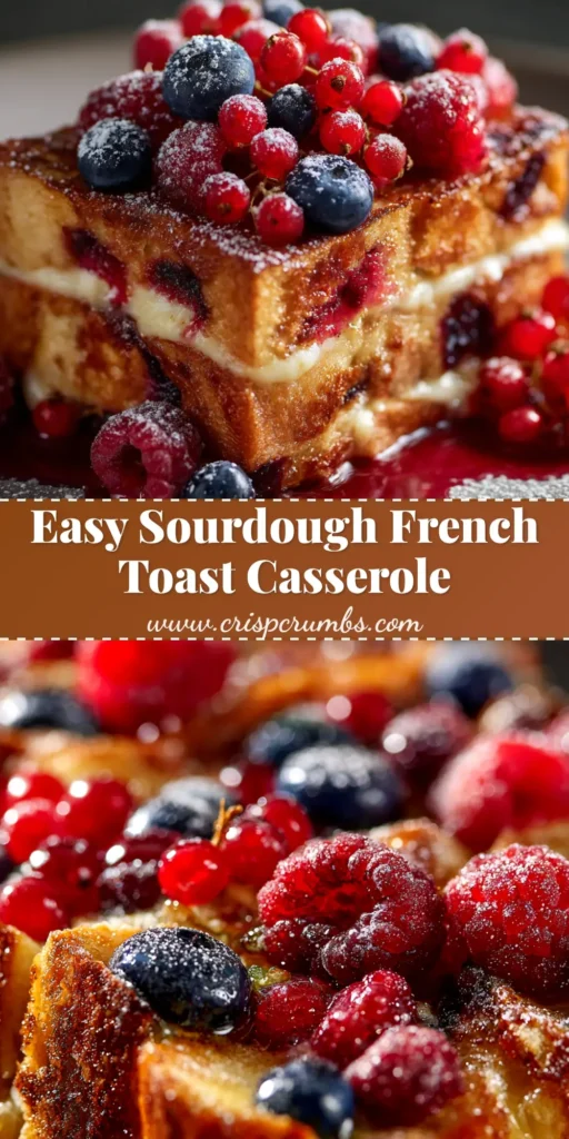 A beautiful Sourdough French Toast Casserole baked to golden perfection in a white baking dish, ready to be served for a delicious brunch.