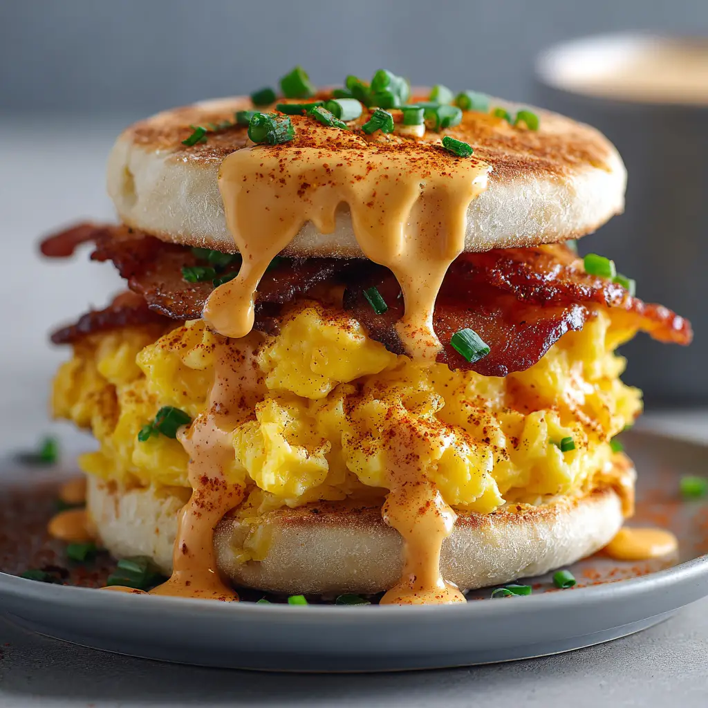 Two finished Spicy Chipotle Egg Breakfast Sandwiches served on a plate, ready to eat for a quick morning meal.