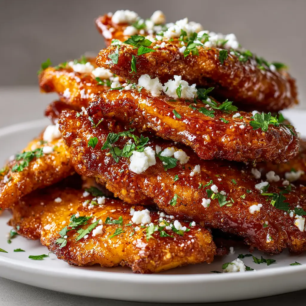A serving of tender spicy honey feta chicken on a plate, showcasing the creamy feta sauce and burst cherry tomatoes.