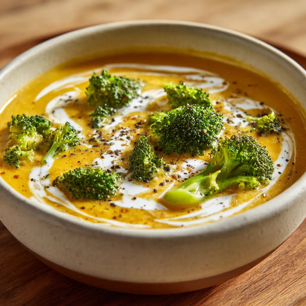 A spoonful of slow cooker broccoli cheddar soup being lifted from a bowl, showing its thick and cheesy consistency.