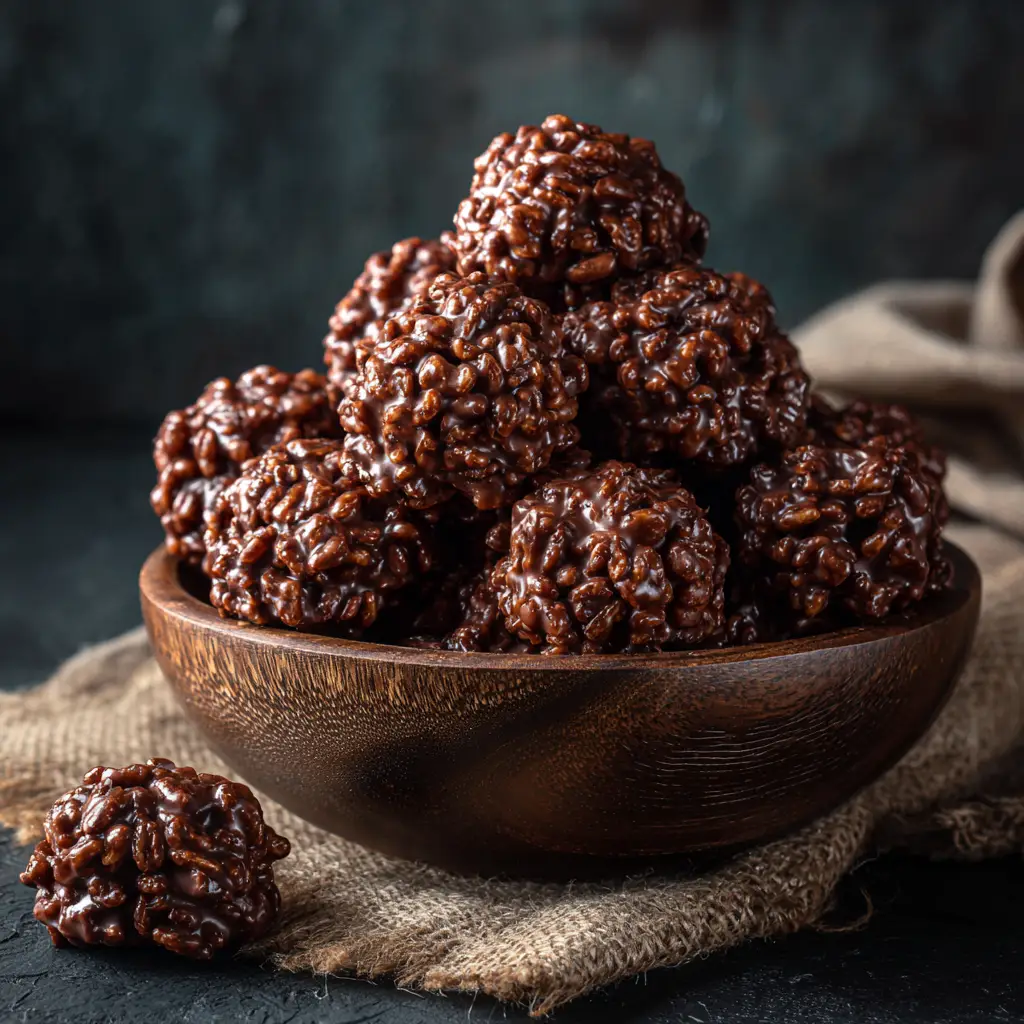 A stack of finished chocolate rice krispie balls on a decorative platter, showing their crunchy texture.