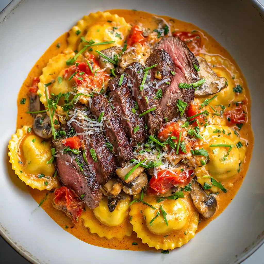 Another angle of the gourmet steak and ravioli, highlighting the perfectly seared steak bites mixed with the ravioli and parsley garnish.
