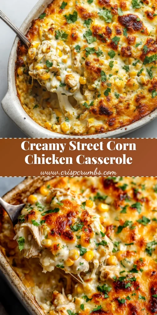 A scoop of creamy Street Corn Chicken Casserole on a white plate, garnished with fresh cilantro and cotija cheese. The casserole dish is visible in the background.