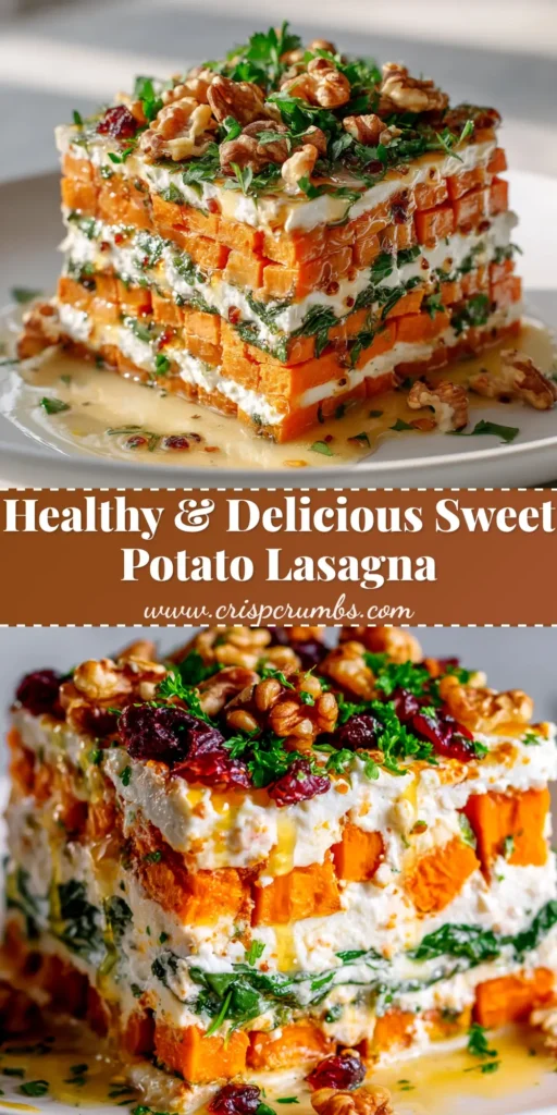 A tall slice of sweet potato lasagna on a white plate, showcasing layers of sweet potato, meat sauce, and melted cheese, with a fork ready to dig in.