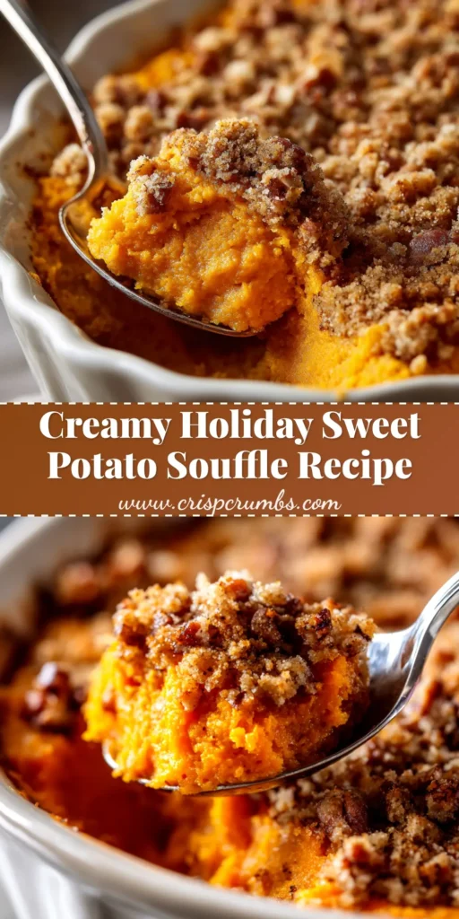 A serving of fluffy sweet potato souffle in a white dish, topped with a crunchy pecan streusel. A spoon is taking a scoop, revealing the light and airy texture.