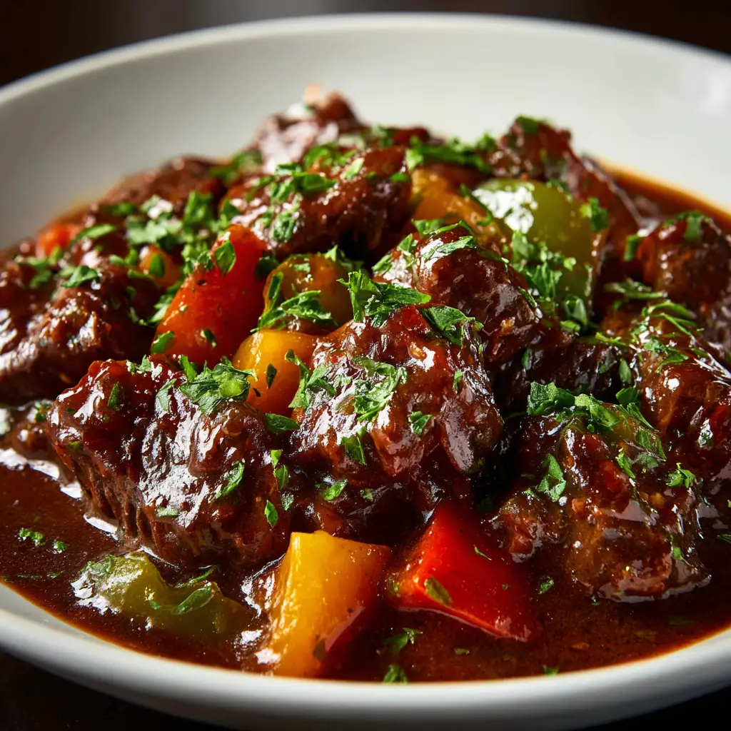 A close-up of tender beef and peppers in a slow cooker. The rich, glossy sauce coats every piece of the pepper steak, ready to be served.