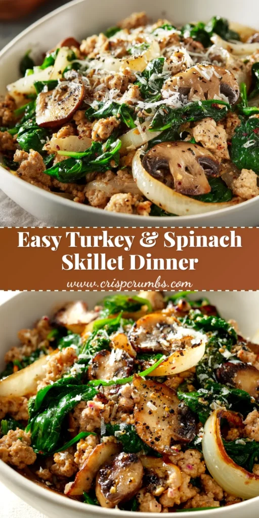 A flavorful Turkey Spinach Mushroom Skillet in a cast iron pan, shown with a wooden spoon. A healthy, one-pan meal perfect for a quick weeknight dinner.