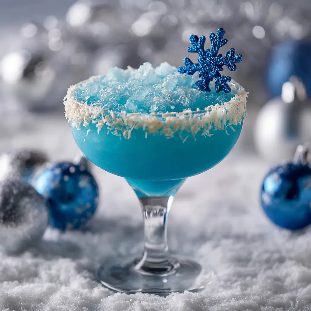 Two finished Jack Frost cocktails in coupe glasses with snowy coconut rims, ready to be served for a holiday party.