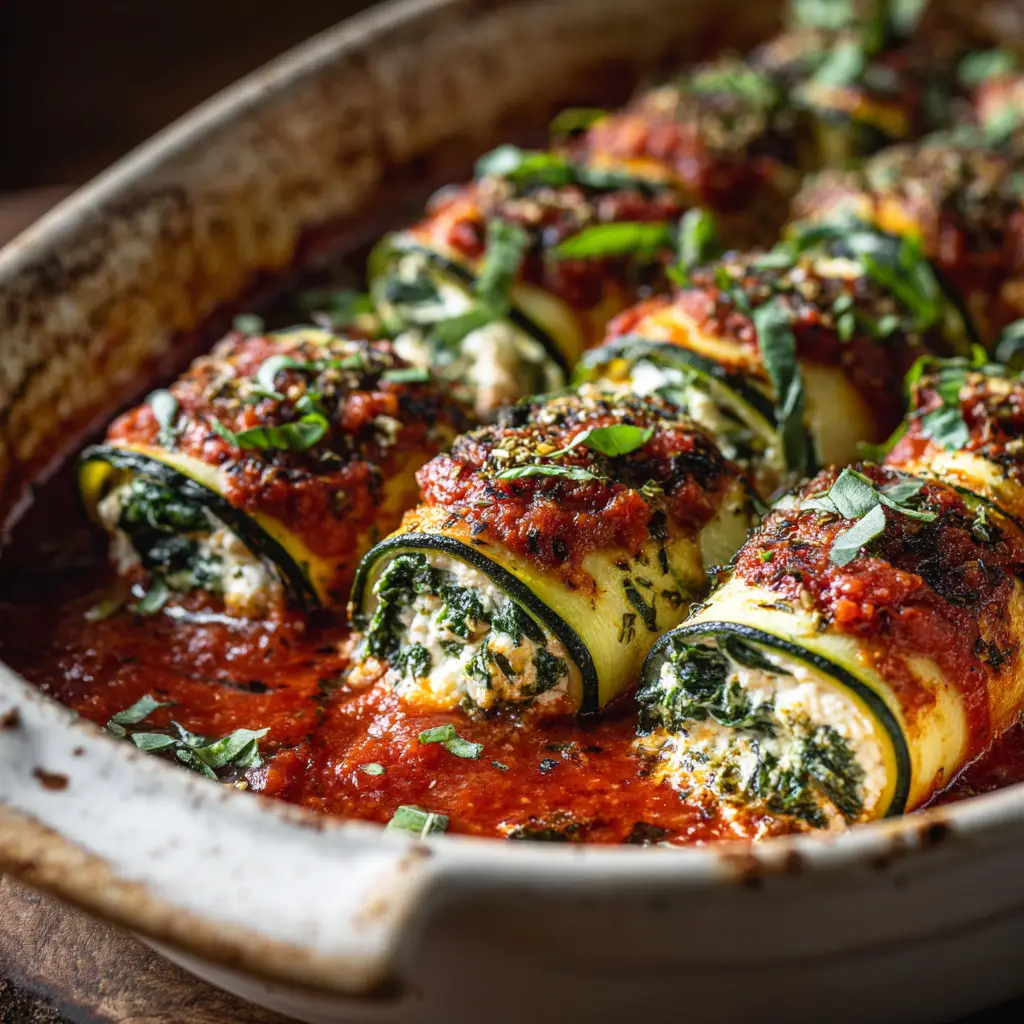 A spoonful of the creamy dairy-free zucchini rollatini filling, made from tofu and cashews, in a white bowl with fresh herbs.