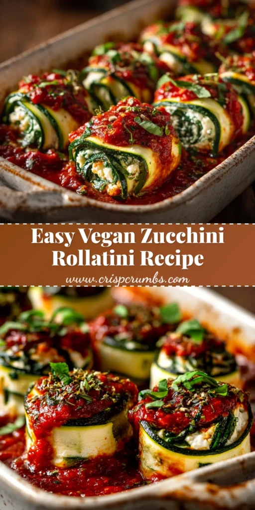 A close-up shot of baked vegan zucchini rollatini in a white baking dish, showing the vibrant red marinara sauce and creamy tofu ricotta filling.