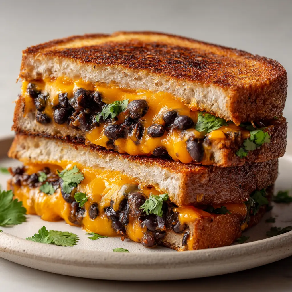 A close-up shot of a vegetarian black bean grilled cheese, showing the texture of the spiced bean filling and melted cheddar cheese on sourdough bread.