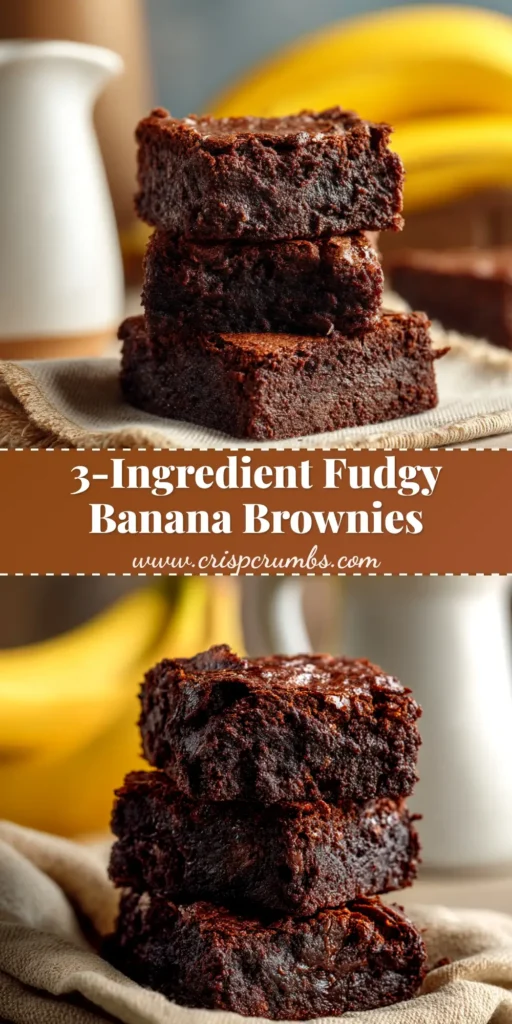 A stack of fudgy 3 ingredient banana brownies on a plate, showing their rich and dense texture. One brownie has a bite taken out.