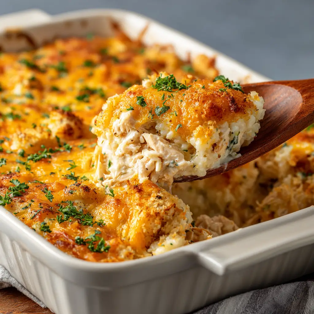 A close-up of the ingredients for the easy chicken casserole being mixed in a bowl, showing the smooth, creamy sauce base.