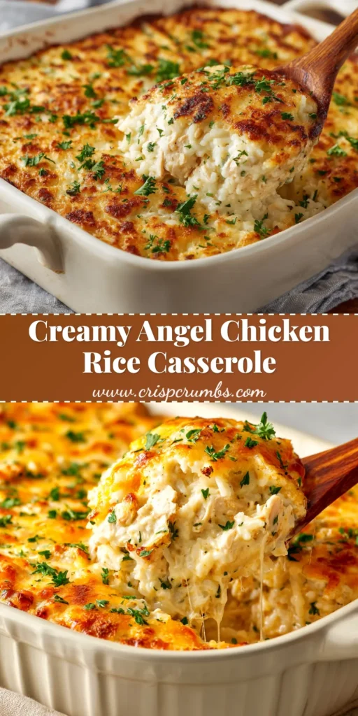 A scoop of creamy Angel Chicken Rice Casserole on a white plate, showcasing tender chicken and fluffy rice in a rich, savory sauce, garnished with fresh parsley.