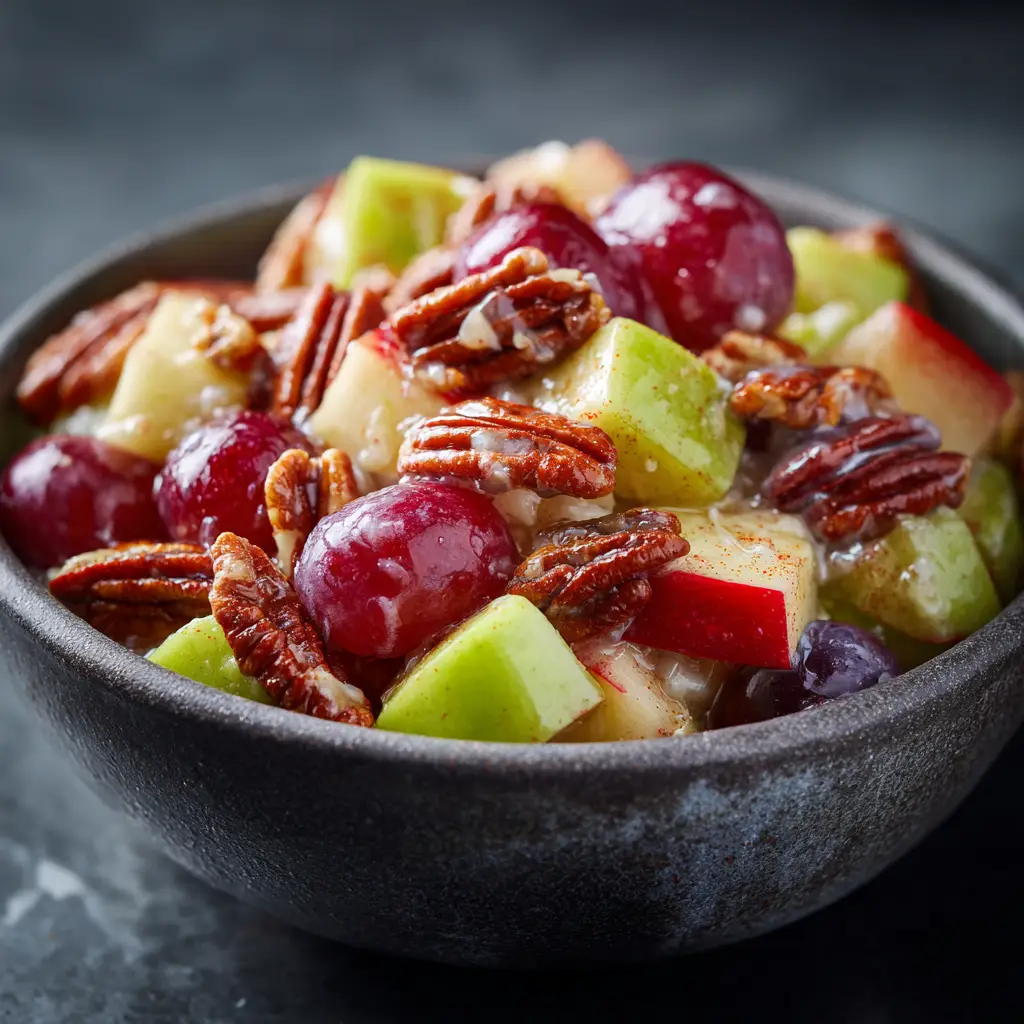 A close-up shot of the apple grape salad, showing the texture of the creamy yogurt dressing coating the crisp apples and juicy grapes.