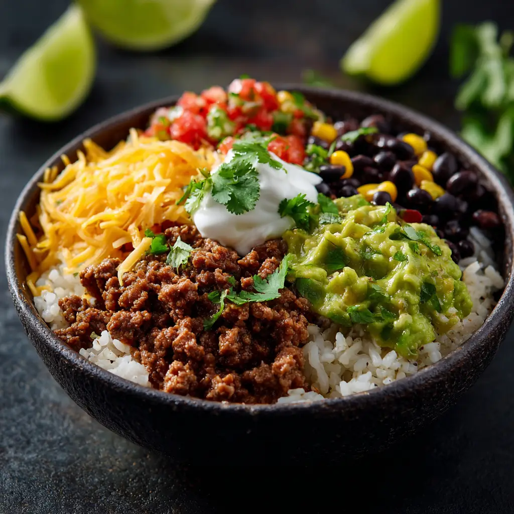 A perfectly assembled ground beef taco bowl, showcasing the seasoned meat, cheese, and fresh vegetables ready to be mixed together.