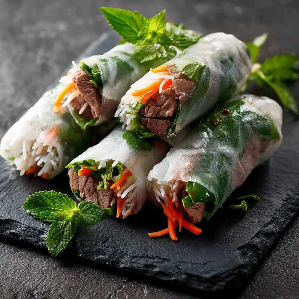 A close-up shot of a perfectly assembled Thai Basil Beef Roll showing the layers of beef, noodles, and vegetables.