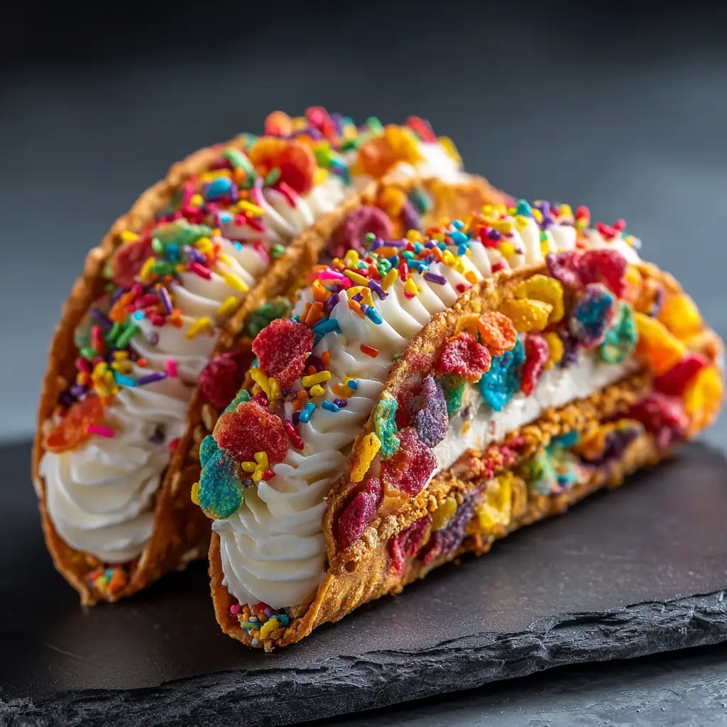 A side view of two vibrant dessert tacos, showing the creamy cheesecake filling being piped into the colorful Fruity Pebbles shell.