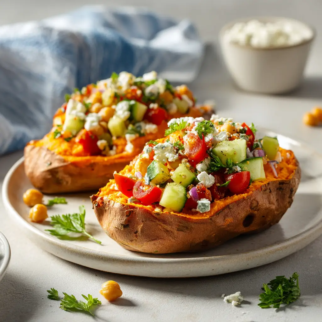 A close-up shot of the vibrant chickpea and feta filling being spooned into a baked sweet potato.