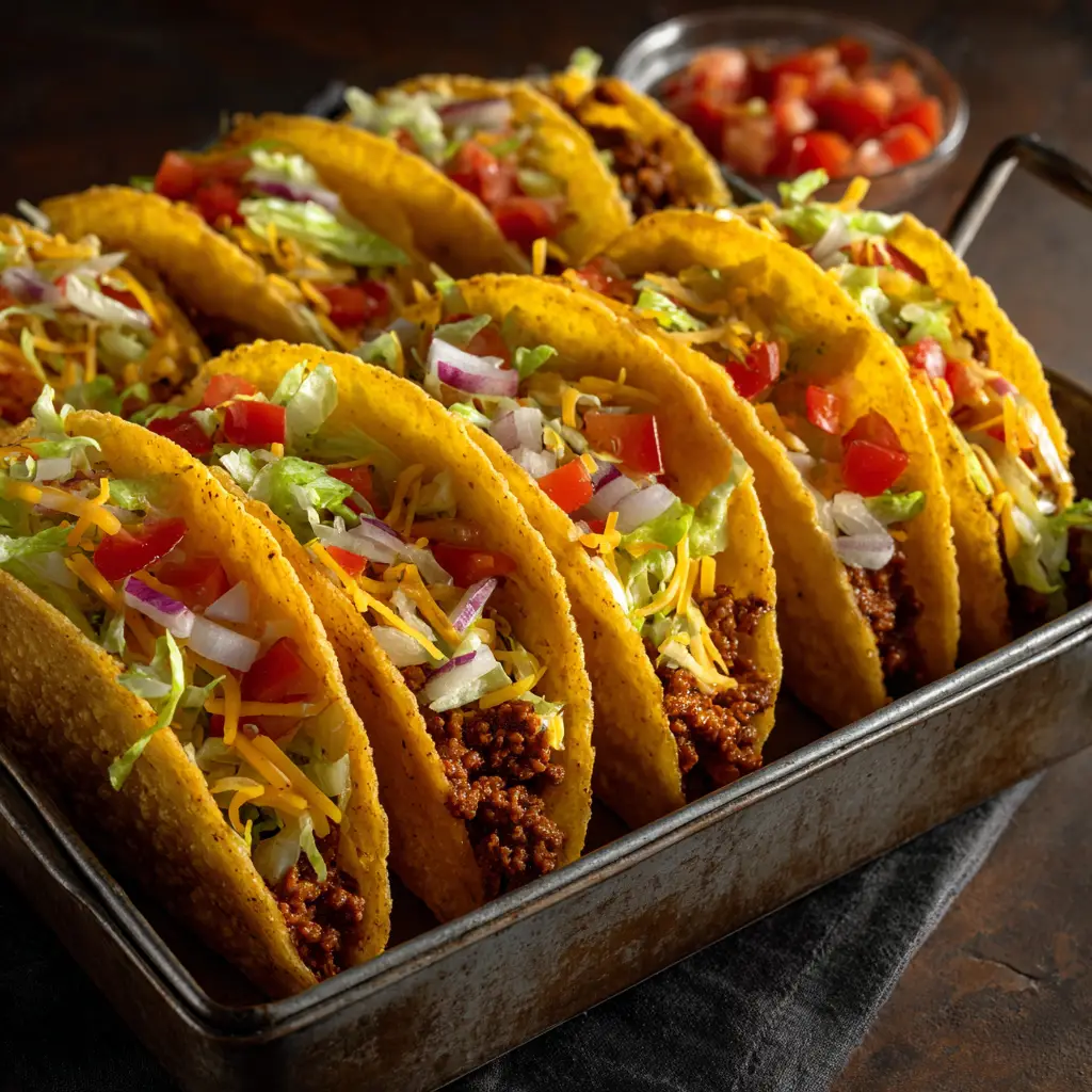A close-up view of the savory ground beef taco filling being spooned into a crispy, pre-baked taco shell before going into the oven.
