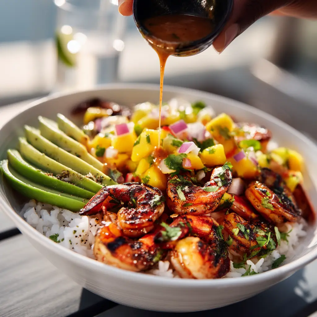 Assembling the shrimp and avocado bowls, showing all the colorful ingredients ready to be combined.