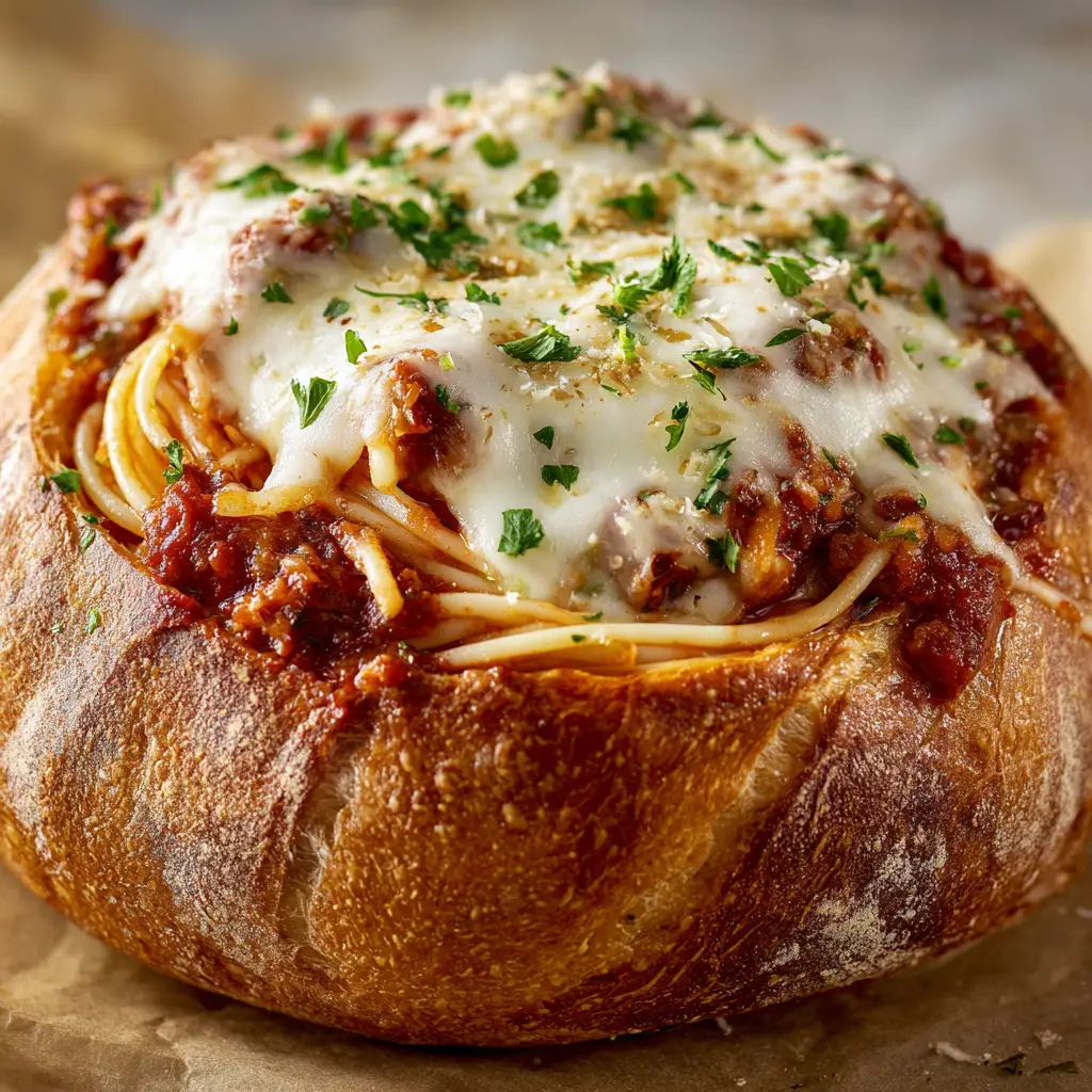 A spoonful of rich spaghetti and meat sauce being added to a prepared garlic bread bowl before it goes into the oven.