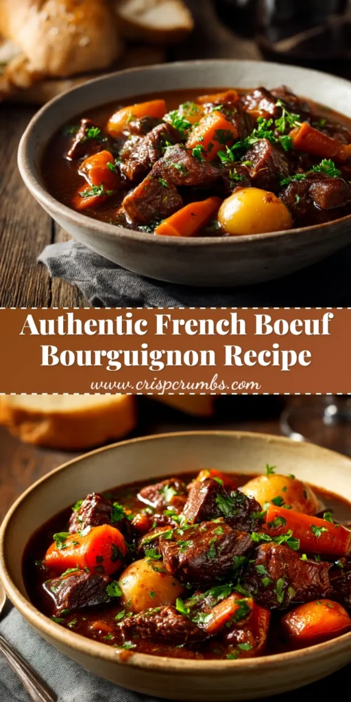 A rich and savory Boeuf Bourguignon served in a rustic bowl, showcasing tender beef, mushrooms, and carrots in a deep red wine sauce. The perfect authentic French recipe for a comforting dinner.