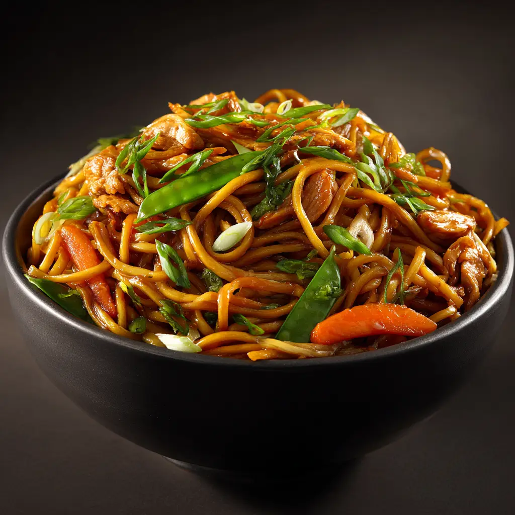 A serving of authentic chow mein being lifted from a bowl with chopsticks, showcasing the individual noodles, chicken, and shredded carrots.