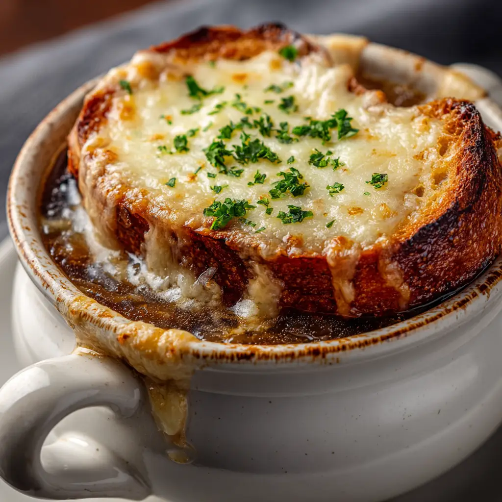 A rustic, oven-safe bowl filled with rich, dark French Onion Soup and topped with a bubbly, golden-brown Gruyère cheese crust, ready to be served.
